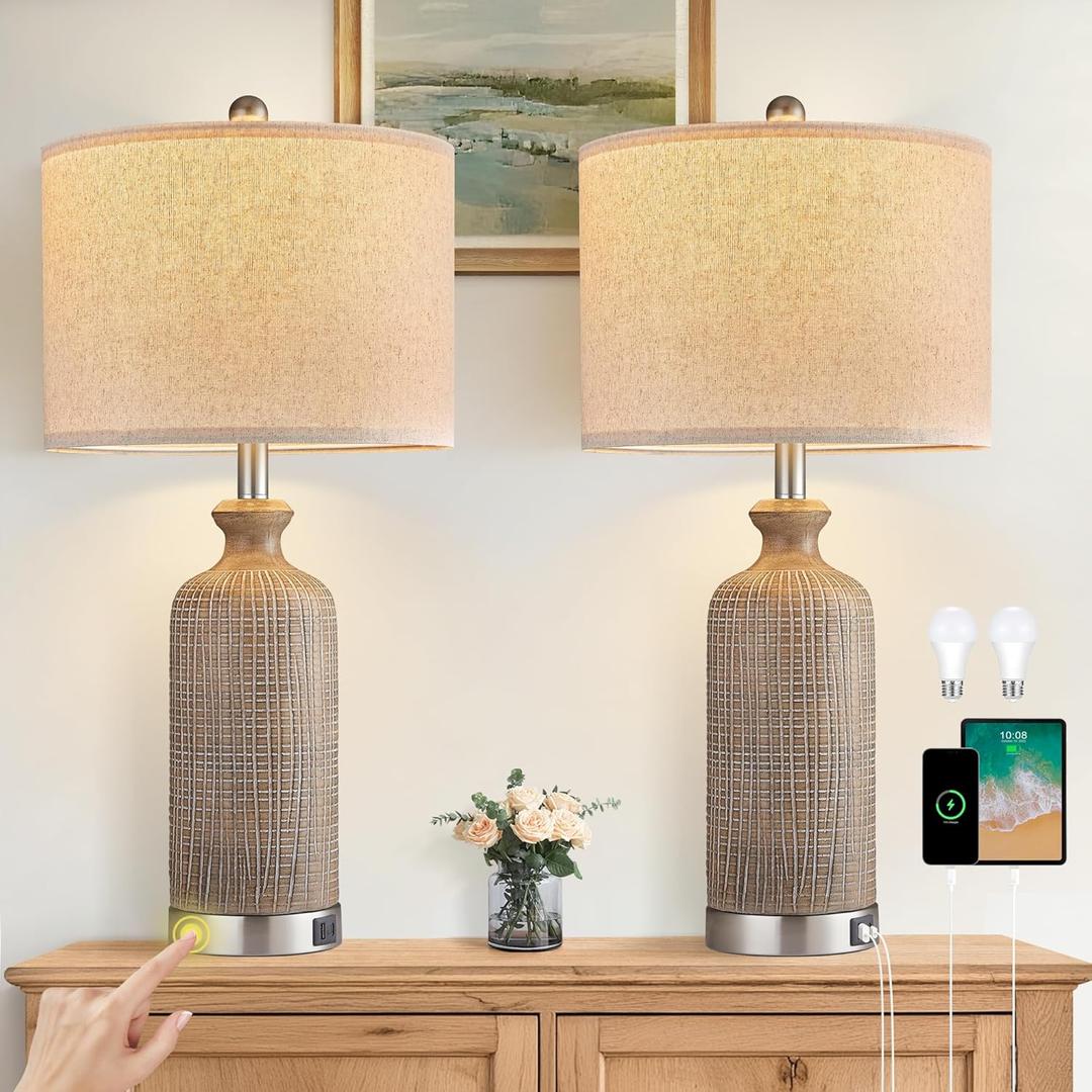 Living Room Lamps Set of 2, 27" Touch Lamps for Nightstand with USB A+C Ports, Modern Farmhouse Table Lamps for Bedroom, Wood Grain, Ceramic