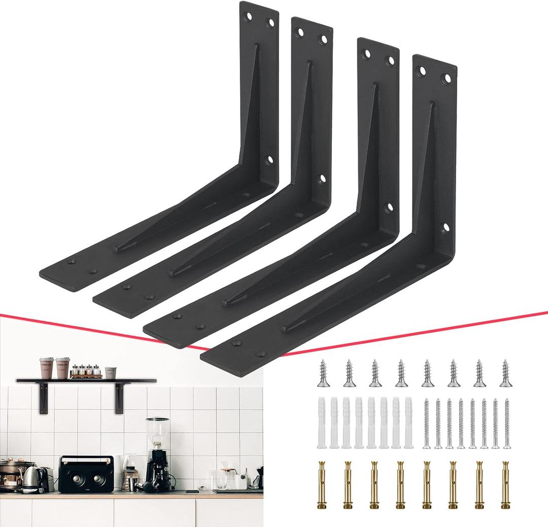 CLT Black Shelf Bracket, 10 Quarter Inch (1/5") Thick- Max Load: 330 lb Industrial Modern Farmhouse Heavy Duty Corner Brace Joint Right Angle Bracket for Table Bench, Space Saving DIY, Pack of 4