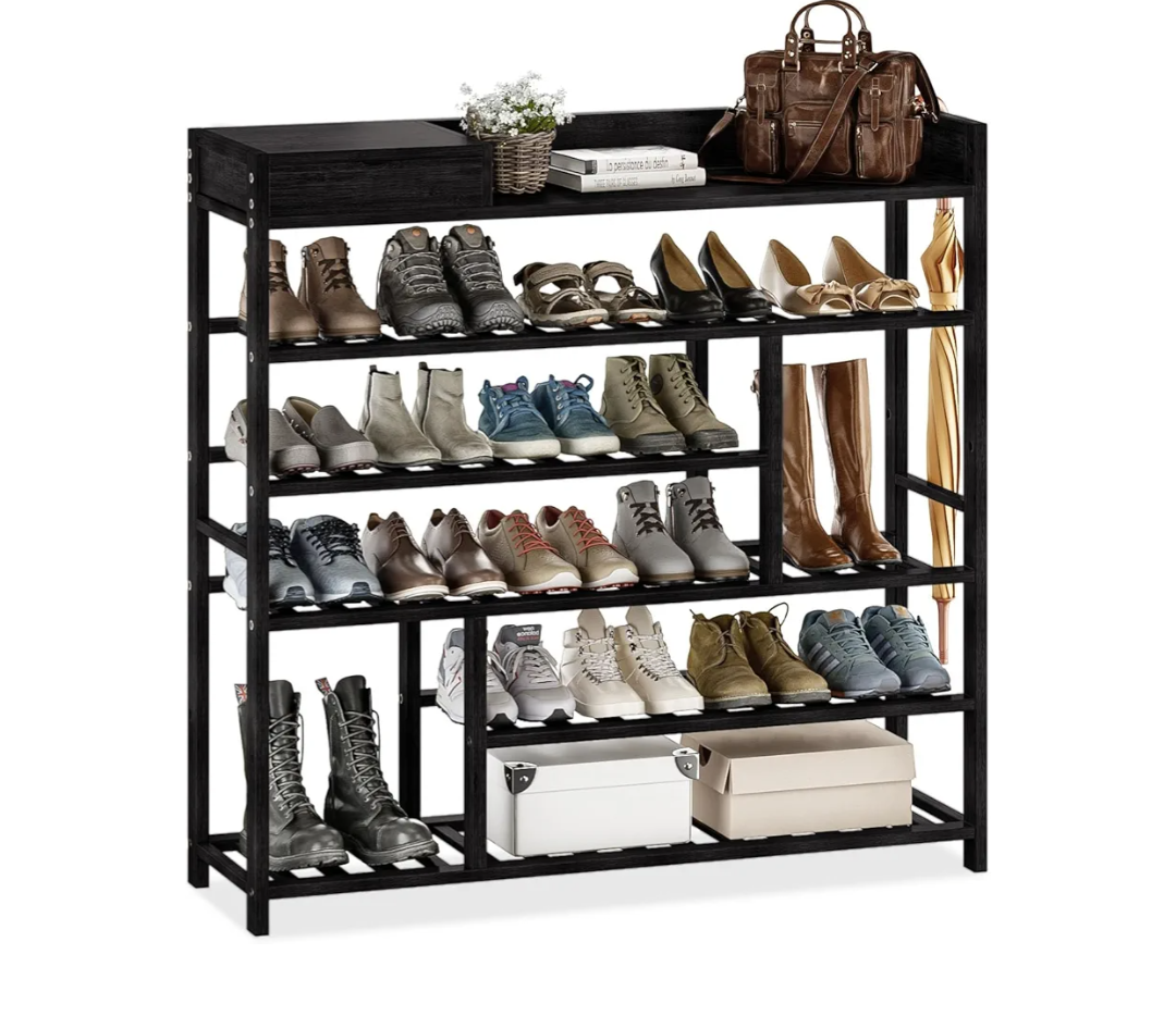 Bamworld Shoe Rack for Front Door Entrance Bamboo Shoe Organizer with Storage Box Free Standing Shoe Cabinet Shoe Storage Shelf for Entryway, Closet and Doorway (Black)