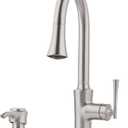 Pfister Antrom Kitchen Faucet with Pull Down Sprayer and Soap Dispenser, Single Handle, High Arc, Spot Defense Stainless Steel Finish, F5297AOGS