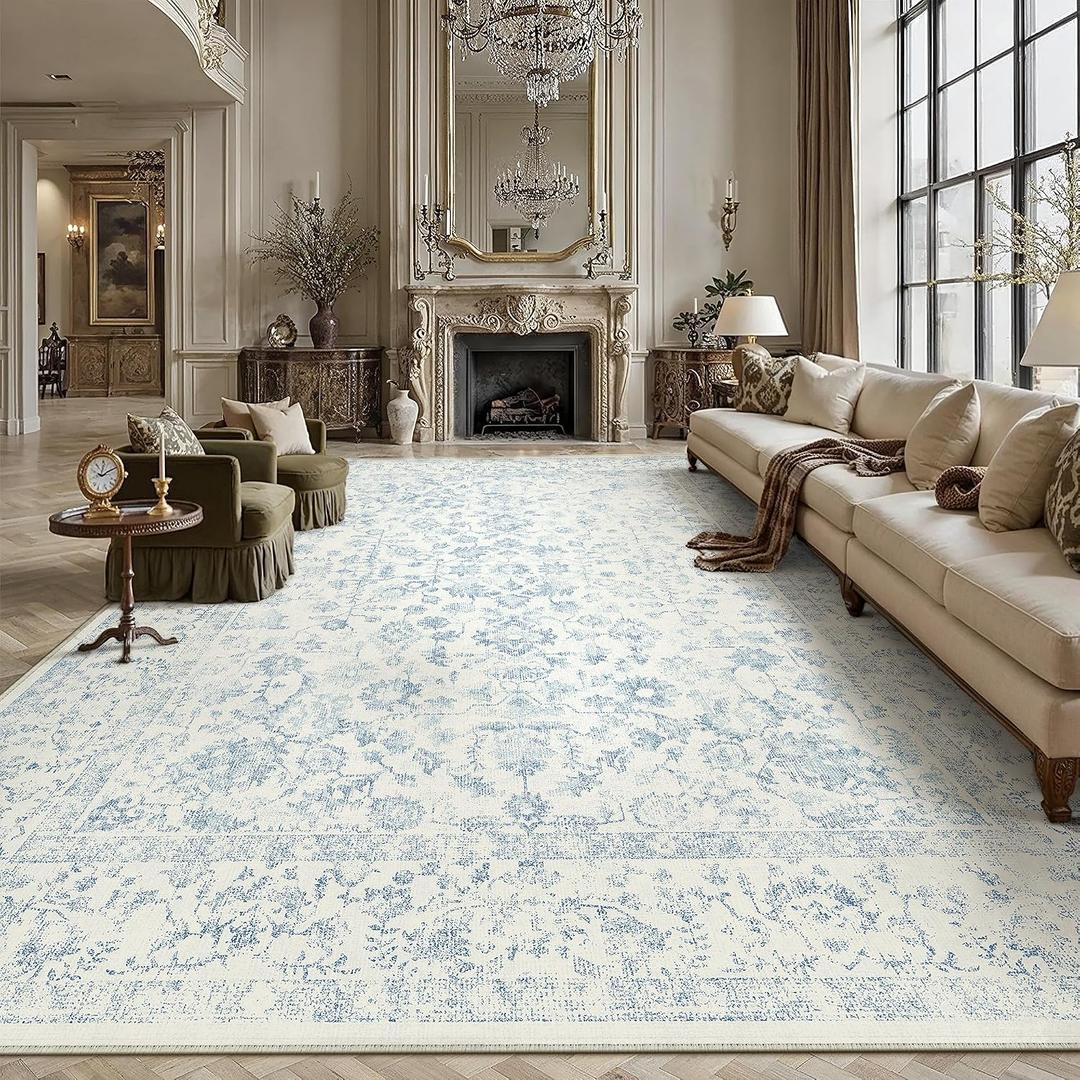 PureCozy 10x12 Blue Area Rug Washable Non Slip Large Vintage Living Room