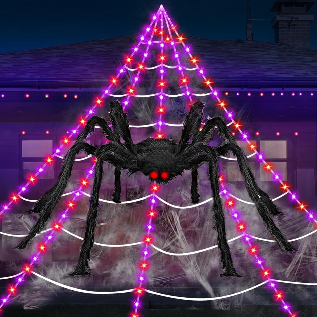 Halloween Decorations Outdoor Spider Web Lights, 23Ft 350 LED Light up Spider Web with 6.6Ft Giant Spider, 8 Modes Waterproof Timer Spiderweb Lights for Garden  Haunted House Decor, Purple + Orange