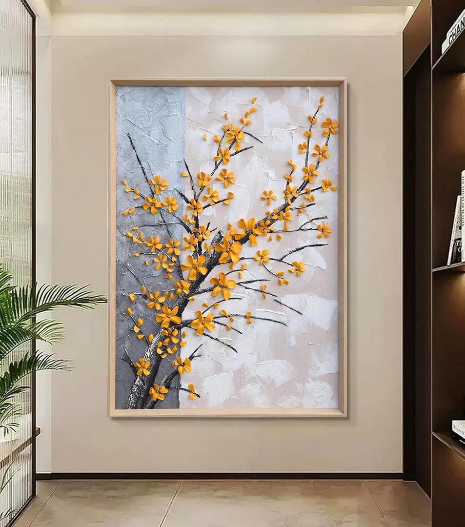 Hand Painted White And Black Flower Canvas Wall Art for Living Room,Large Framed Floral Oil Painting for Bedroom, Modern 3D Floral Artwork Wall Decor for Office Home Decor 28" x 40"