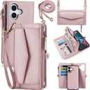 Compatible with iPhone 17 6.3" Wallet Case with RFID Blocking Card Holder for Women, PU Leather Flip Zipper Wallet Detachable Magnetic Phone Case Crossbody Strap, Pink