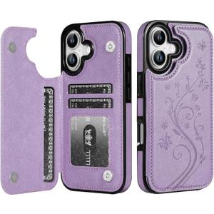 Korecase Compatible with iPhone 17 Wallet Case with Card Holder,Butterfly Double Magnetic Back Flip PU Leather Kicstand Card Slots Cover for Girls Women for iPhone 17 (6.3")-Purple