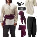 Verceco Mens Pirate Costume Outfit Renaissance Costume Men Medieval Outfit With Pirate Pants Shirts Sash Accessories (khaki, X-Large)