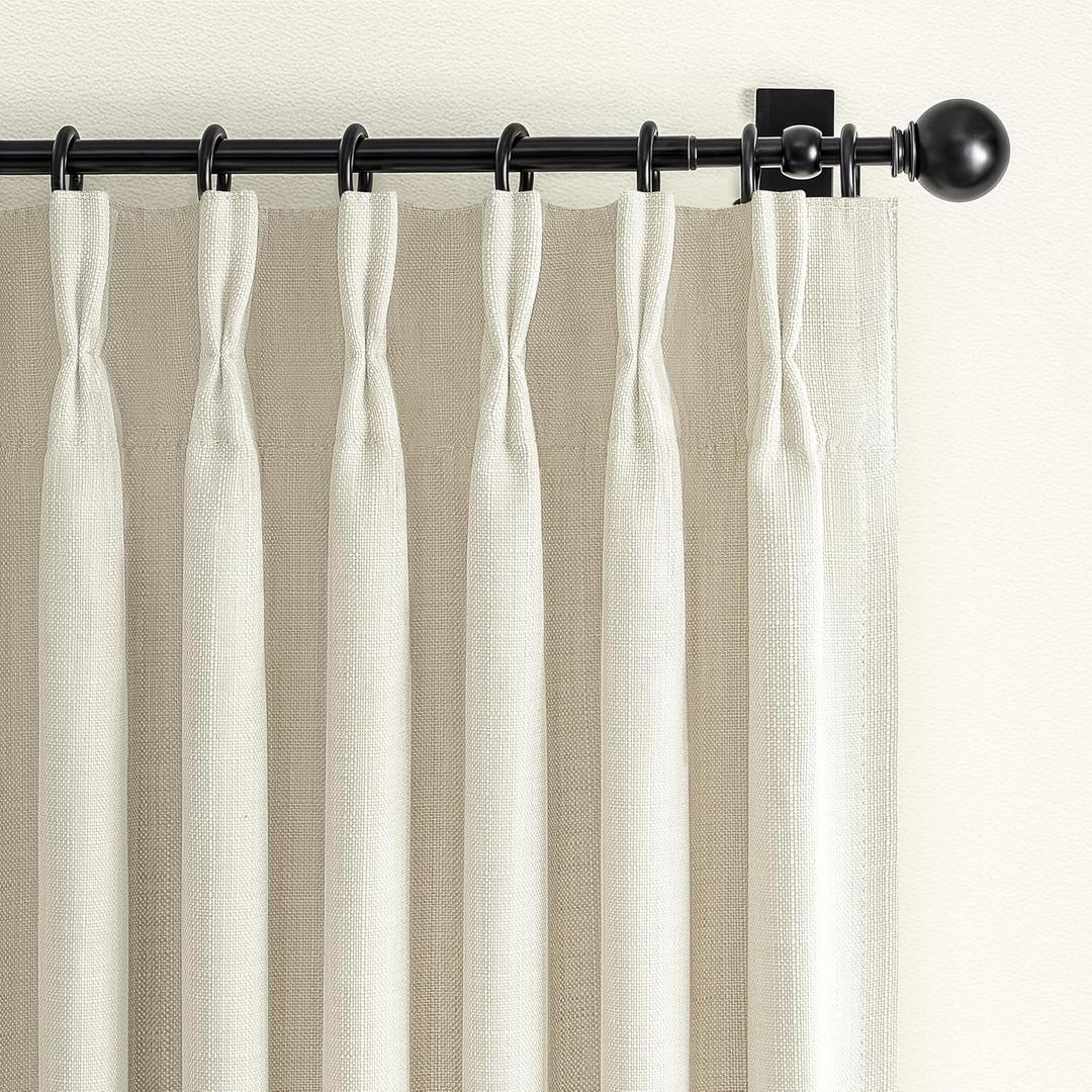 Cream Linen Blackout Small Kitchen Window Curtains 47 Inch Length, Memory Trained Pinch Pleated Thermal Boho Extra Short Curtain Double Layer Soundproof Light Blocking Drapes 2 Panel Set with Back Tab
