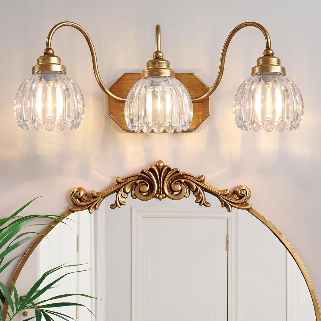 Gold Vanity Light, Vintage Bathroom Light Fixtures, 3-Light Matte Antique Brass Finish with Crystal Glass Shade, Mid Century Style Wall Sconces for Bedroom, Living Room