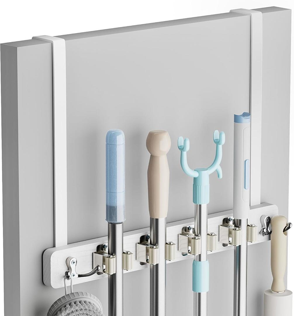 Lorbro Broom Holder Door Mount, Over the Door Broom and Mop Holder with 2 Over Door Hooks, Wood Broom Hanger, Tool Rack Organizer for Laundry, Garage, Closet, Kitchen Decor, 4 Slots & 4 Hooks Rustic (White)