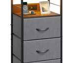 WLIVE Nightstand with Charging Station, 31.9" H Nightstand with 3 Fabric Drawers, LED Bedside Table with USB Ports and Outlets, End Table for Bedroom, Dorm, Entryway, Dark Grey, 11.73"D x 15.67"W x 31.93"H
