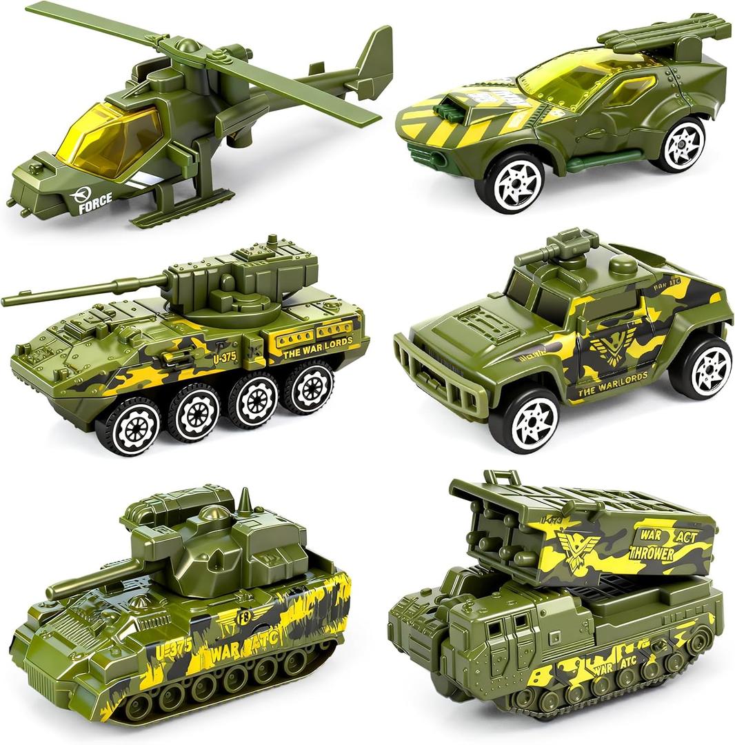 6 Pack Diecast Military Vehicles Truck Set, 1:64 Scale Army Vehicles Kids Toy Cars with Trucks, Tank, Panzer, Anti-Air Vehicle, Helicopter, Mini Toy Car for Kids 3 4 5 6 Years