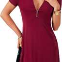 LYANER Women's Sexy Zipper Front V Neck Mini Dress Casual Low Cut Short Sleeve Ruffle A Line Short Dresses (Red, XS)
