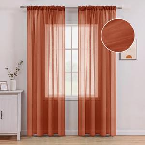 MIULEE Terracotta Linen Textured Sheer Curtains 2 Panels for Bedroom/Living Room Semi Transparent Voile Drapes Rust Boho Orange Rustic Fall Decor Window Panels Rod Pocket, W 54 x L 84 Inches Long