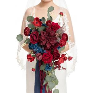 Ling's moment Navy Blue Burgandy Bridal Bouquet Cascading, Jewel Tone Wedding Bouquets for Bride, 15 Inch Bride Bouquets for Wedding Artificial Flowers Bouquets