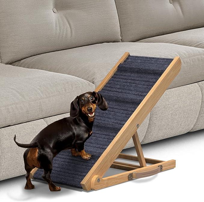 Adjustable Dog Ramp for Bed - Foldable Wooden Ramp for Dogs to Get on Bed, Couch, or Car with 12.6" Wide Walking Space (Natural Wood with Gray Carpet, Small)