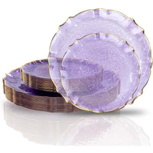 bUCLA 40PCS Clear Purple and Gold Plastic Plates - Fancy Lace-Edge Purple with Gold Trim Hammered Disposable - Include 20 Each (10inch Dinner & 7inch Dessert) Plates for Party & Wedding
