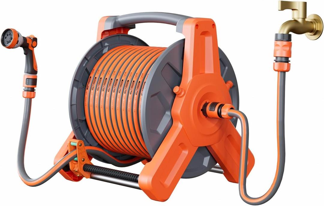 Water Hose with Holder 100FT, Water Hose with Reel, Hose and Reel Combo for Balcony Watering, Hose Nozzle with Quick Connector, Patio, Apartment, RV Trailer Compartment