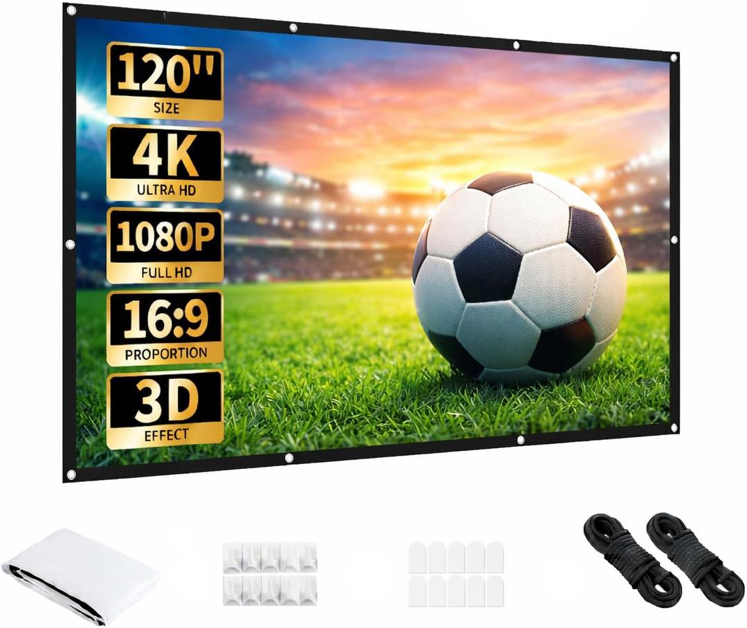 Aurzen 120-Inch Projector Screen, 16:9 4K HD, Foldable Anti-Crease, Portable Double-Sided Screen for Indoor/Outdoor Home Theater & Backyard, White (120 inches)