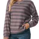 IWOLLENCE Womens Striped Long Sleeve Tops Crewneck Lightweight Waffle Knit Going Out Preppy Shirts Seniors Casual Loose Fall Sweaters Blouse 2025 Purple Grey, M (Purple, M)