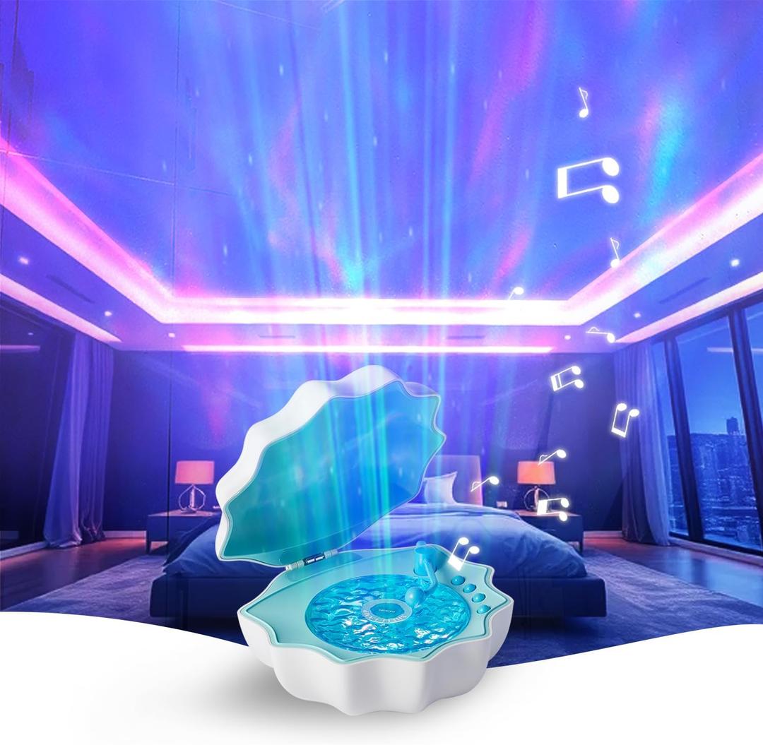 Ocean Wave Projector Light, Shell Night Light Built-in Bluetooth Speaker, Remote Control, White Noises for Home Decor/Relaxation/Party/Music/Gift (Blue)