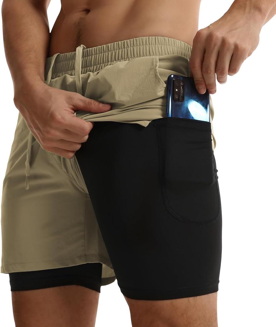 ATTBEA Men's 2 in 1 Running Shorts with Liner 5" Quick Dry Workout Gym Sports Shorts with Pockets (M)