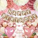 Dusty Rose Birthday Decorations for Women, Happy Birthday Banner Retro Blush Pink Gold Balloons Set with Tissue Paper Flower Foil Fringe Curtain for Neutral Rustic Birthday Party Dcor