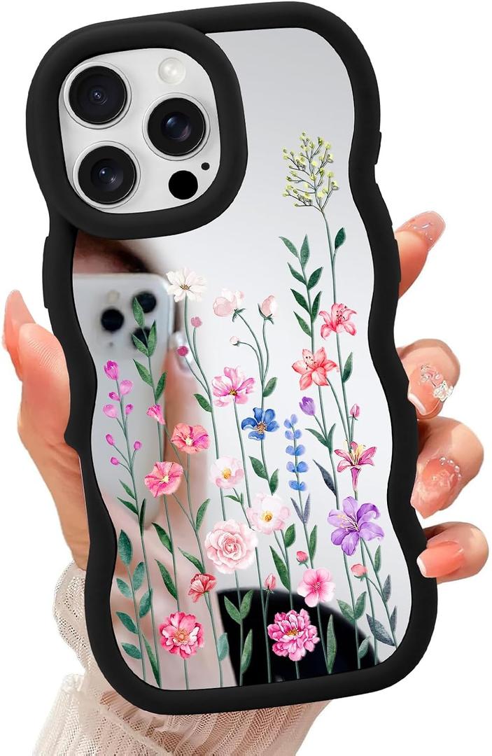ZIYE Mirror Case for iPhone 16 Pro Max Case,Cute Wave Edge Flower Pattern Design Phone case for Women Girls Soft TPU Back Protective Slim Phone Cover Black