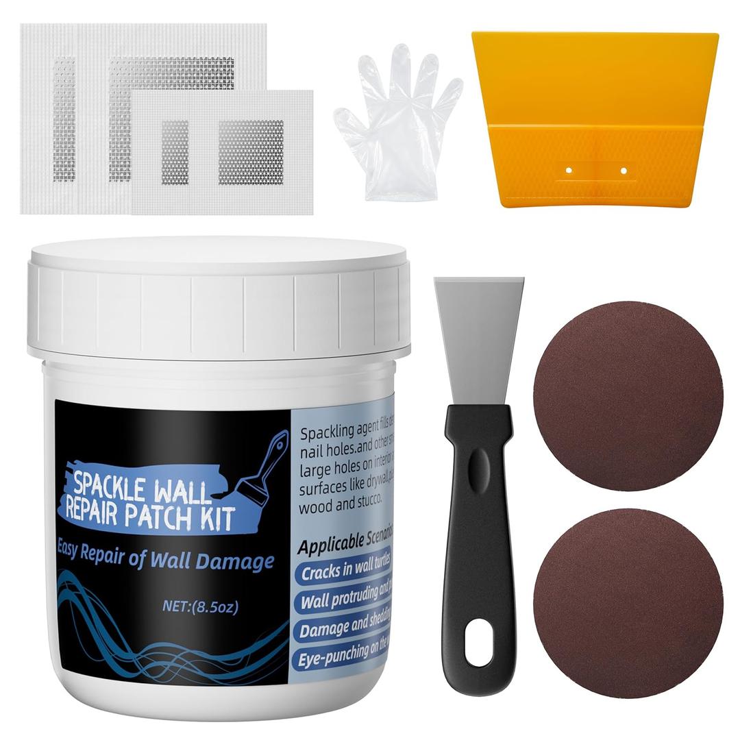 Oriflame Drywall Repair Kit: 8.5 Ounce Spackle Wall Repair with Patch/Scraper/Sandpaper/Gloves - White Wall Putty for Nail Holes/Cracks/Dents/Stains/Peeled Wall 