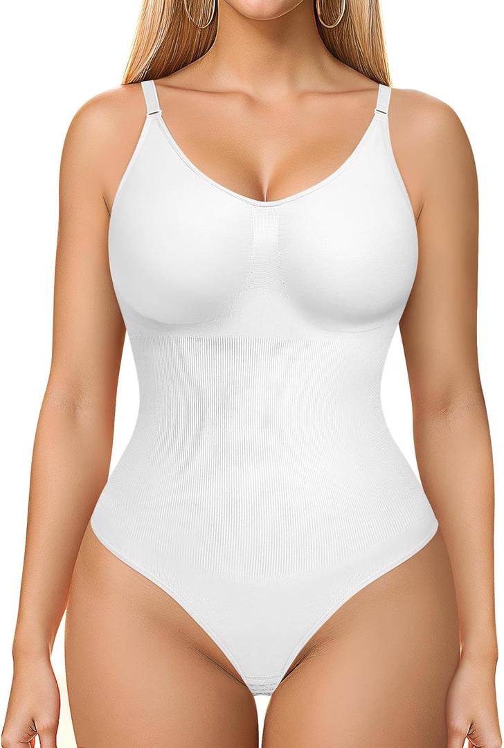 BRABIC Womens' Seamless Sleeveless V-Neck Bodysuit Shapewear Tummy Control (Medium/Large, White Thong)