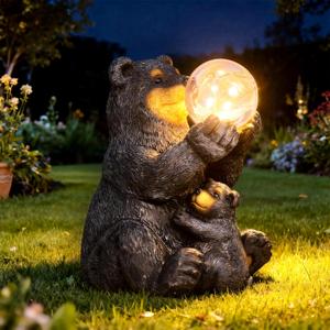 Solar Garden Statues Loving Bear Figurine with Ballon Lights for Outside, Yard Decorations Outdoor, Garden Decor Unique Birthday Housewarming Gifts for Mom, Women