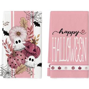 Artoid Mode Pink Ghost Polka Dot Pumpkin Happy Halloween Kitchen Towels Dish Towels, 18x26 Inch Farmhouse Flower Bat Decoration Hand Towels, Set of 2 Artoid Mode Pink Ghost Polka Dot Pumpkin Happy Halloween Kitchen Towels Dish Towels, 18x26 Inch Farmhouse Flower Bat Decoration Hand Towels, Set of 2