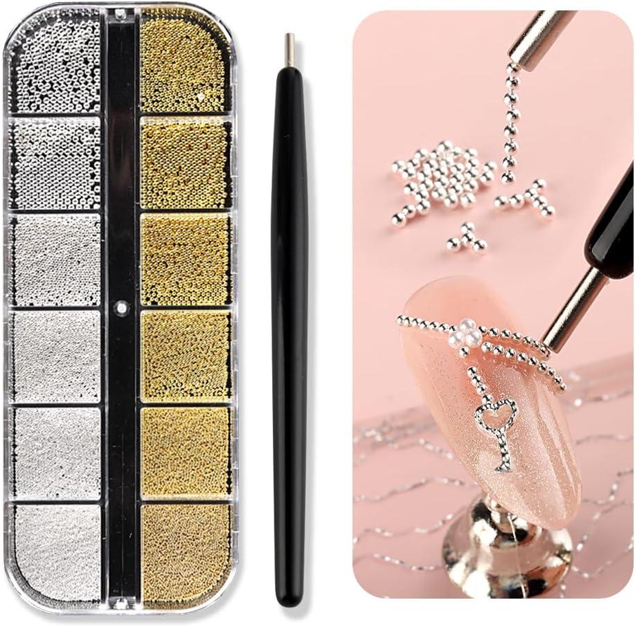 3D Metal Nail Art Charms Gold Silver Micro Caviar Beads Nail Rivets Studs with Magnetic Pen for Steel Ball Suction, for DIY Crafts Jewelry Decoration Nail Supplies