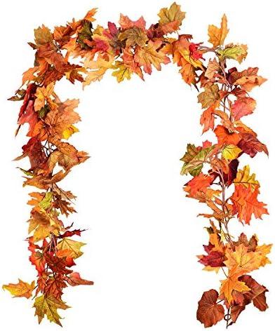 DearHouse 2 Pack Fall Garland Maple Leaf, 5.9Ft/Piece Hanging Vine Garland Artificial Autumn Foliage Garland Thanksgiving Decor for Home Wedding Fireplace Party Christmas (Orange)