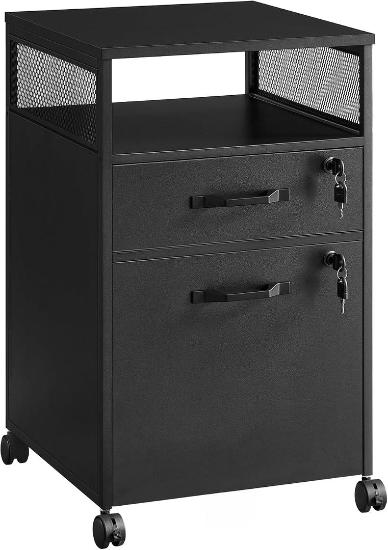 VASAGLE File Cabinet, Mobile Filing Cabinet with Wheels, 2 Lockable Drawers, Open Shelf, for A4, Letter Size, Hanging File Folders, Ink Black UOFC077B16, 17.3"d X 16.5"w X 27.2"h