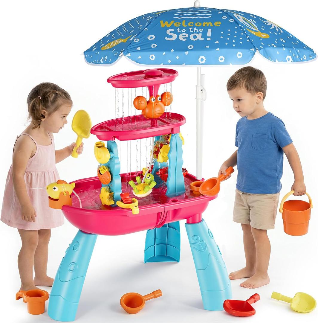 Kids Sand Water Table for Toddlers with Umbrella/Water Pumb, 3-Tier Outdoor Water Sand Play Table Beach Toys, Summer Splash Activity Sensory Table Party Birthday Gift for Kids 3 4 5 6 7 8(Red)