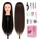 28" Mannequin Head With Hair Cosmetology Manikin Practice Braiding Doll Head For Hair Styling Training Head For Braiding Hairdressing With Free Wig Head Stand Hair Styling Tools Set (Dark brown)