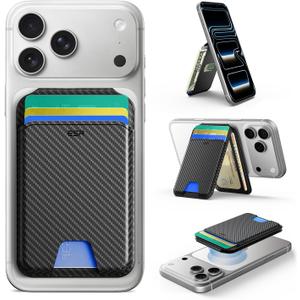 ESR for MagSafe Wallet, 5 Card Holder, RFID Blocking, Magnetic Wallet for iPhone 17/16/15/14/13/12 Series and Selected Samsung Devices, Adjustable Stand, Not for 13/12 Mini, Black Carbon Fiber