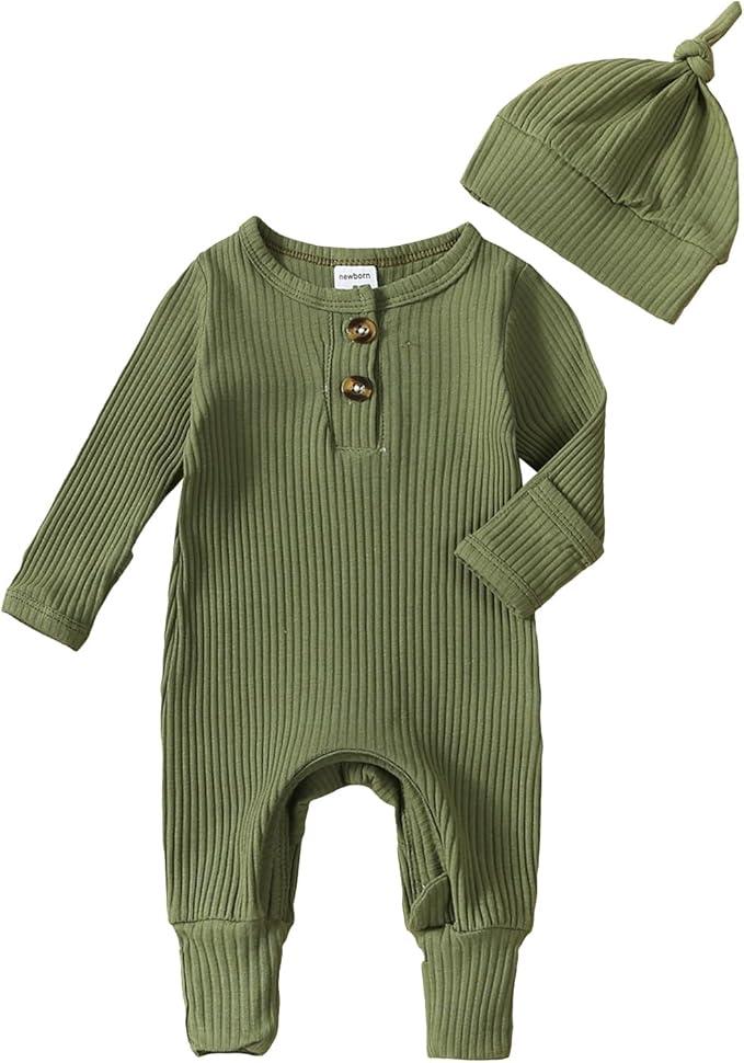 Newborn Baby Boy Romper Ribbed Knit Jumpsuit Long Sleeve Button Onesie Hat Coming Home Outfit Fall Winter Clothes