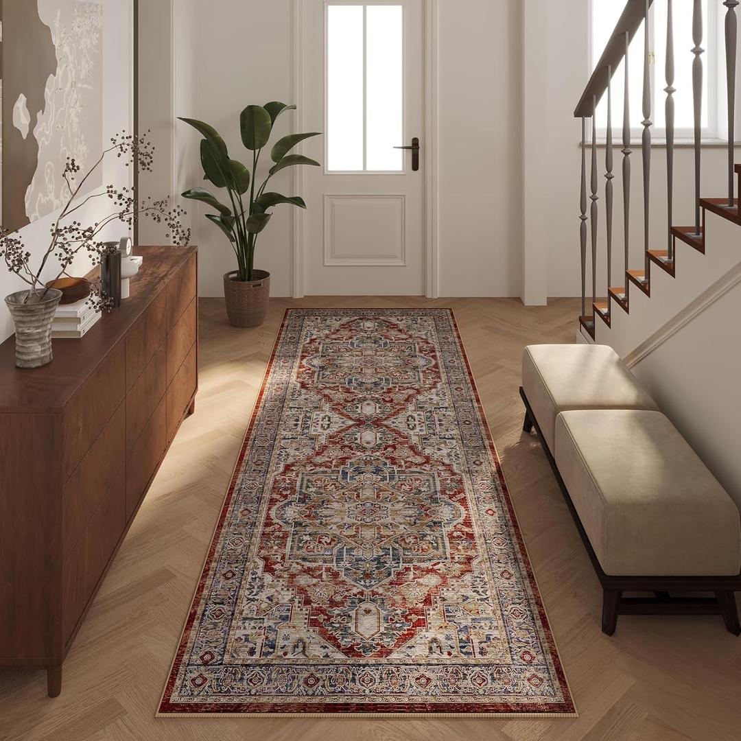 2x6 Red Hallway Runner Rugs for Kitchen Washable Rug Runners Non Slip Long Runner Rugs Low Pile 6ft Soft Boho Carpet Runner for Hallways, Kitchen, Bedroom, Entryway