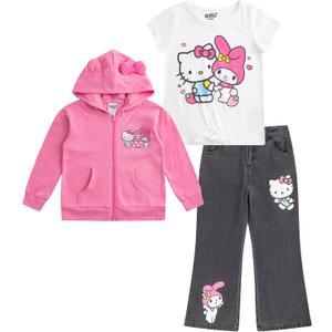 Hello Kitty Sanrio Girls Demin Flared Pants, Hooded Sweatshirt, and Short Sleeve T-Shirt, 3 Piece Set for Big Kids (4, Pink/White/Grey)