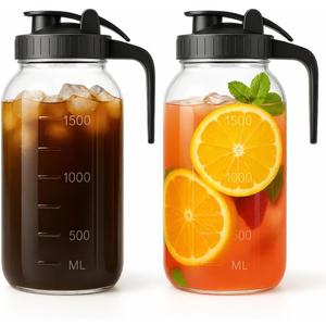 Mason Jar Pitcher Set of 2-64oz (2 Quart) Airtight & Leakproof Glass Pitcher with Lid, Perfect for Storing Breastmilk, Cold Brew, Sun Tea, with Easy-Pour Spout Lid (2 Pack - Black & Black)