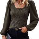 HEYTALALA Womens Puff Long Sleeve Tunic Tops Button Down Square Neck Blouse Loose Fit Basic T Shirt Elegant Tee Shirts (Small, Coffee)