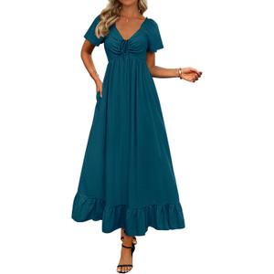 BTFBM Womens Summer Dresses 2026 Casual Short Sleeve V Neck Drawstring Wedding Guest Maxi Dresses Boho Beach Long Dress (XL)