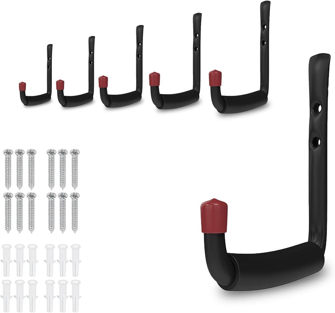 6 Pack Garage Hooks Heavy Duty with EVA Pads and Rubber End Caps, 4.64inch Steel Kayak Storage Hooks for Hanging Bikes, Ladders, Folding Chairs and Garden Tools