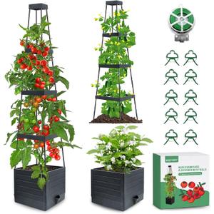 MQFORU 2Pack Raised Garden Bed Planter Boxes with Trellis, 57" Self-Watering Tomato Planter Boxes with Trellis for Climbing Vegetable and Plants, Tomato Cage for Indoor Outdoor Use