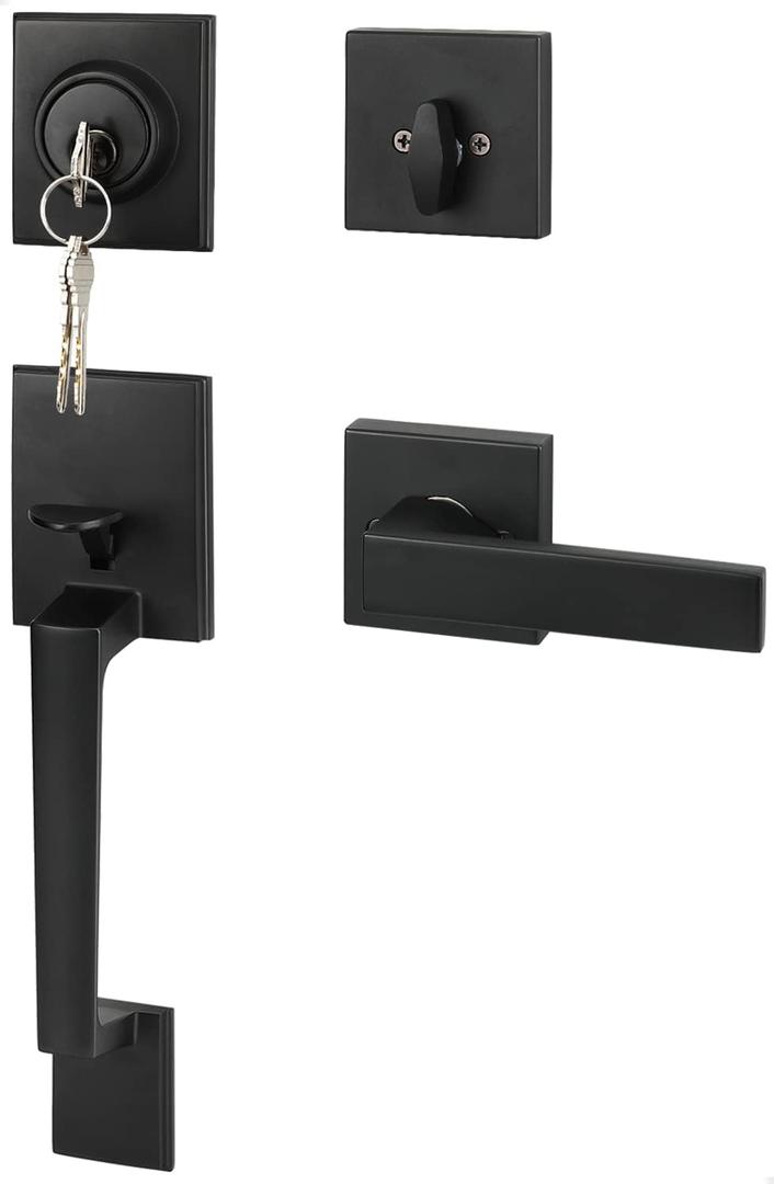 goldenwarm Front Door Handle and Deadbolt Set, Black Front Door Lock Set with Reversible Handle Lever, Modern Front Door Hardware, Single Cylinder Front Door Entry Lock, Front Door Handles and Locks (Square + Deadbolt, Matte Black)