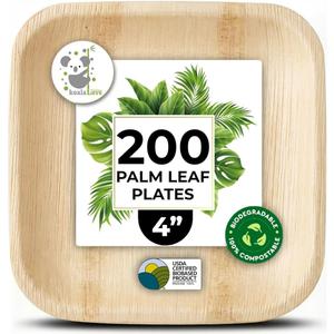 Palm Leaf Plates Bamboo Paper Disposable 4 Inch 200 Bulk Appetizer and Dessert Square Plate Party Pack Eco Biodegradable Compostable Wooden Better Than Plastic Plates By KoalaLove