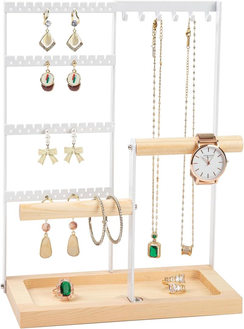 Jewelry Organizer Stand, Jewelry Holder, Lengnoy 4 Tier Earring Holder with 48 Holes and 6 Hooks Necklace Organizer Wood Box for Necklace Bracelet Earring Ring, White (11 IN)