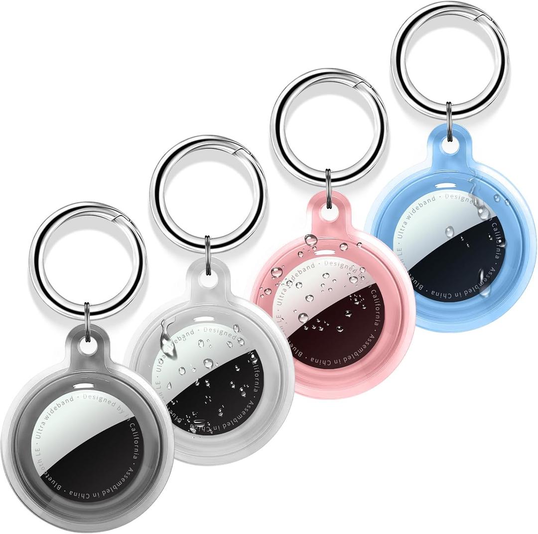 Compatible with AirTag Holder Case with Keychain, 4 Pack Protective Cases Cover Tags GPS Tracker Item Tag Finders Accessories for Kids, Bags, LuggageBlack/Pink/Clear/Blue
