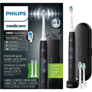 Philips Sonicare ProtectiveClean 5300 Rechargeable Electric Toothbrush, with Pressure Sensor, 3 Cleaning Modes, SmarTimer and QuadPacer, with 2 Bonus Brush Heads, Travel Case, Black, Model HX6423/34